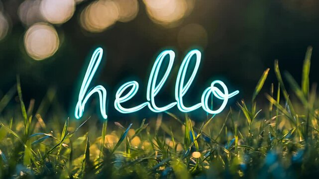 Glowing neon text hello on grass with bokeh lights, nature scene. Ambient greeting and communication concept