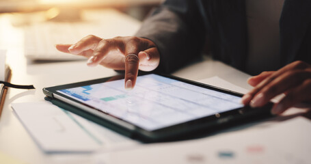 Fototapeta premium Person, hands and tablet screen in office for business, financial planning and data analysis at night. Woman, tech and software in company for schedule sheet, budget management and audit deadline