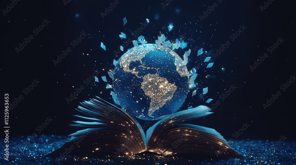 Poster an open book next to a globe of earth, symbolizing global education and knowledge, set against a dar