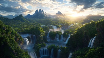 Cascading waterfalls surrounded by lush greenery and majestic mountains at sunset a peaceful natural landscape view