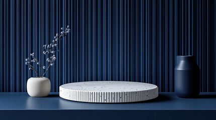 Minimalist product display with round terrazzo podium, vase, and branches against a navy blue ribbed backdrop.