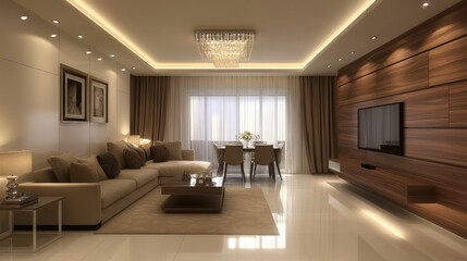 Modern Living Room Interior Design with a Wooden Accent Wall