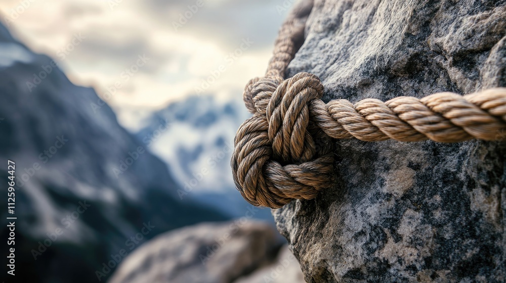 Poster close-up of a rope knot securely attached to a rock in the rugged mountains, symbolizing adventure.