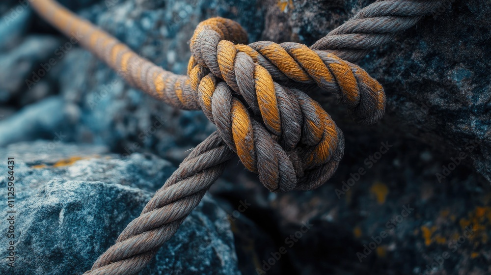 Poster close-up of a rope knot securely attached to a rock in the rugged mountains, symbolizing adventure.
