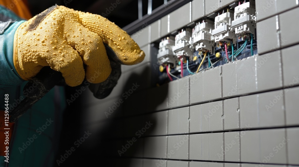 Poster close-up of an electrician connecting wires to a modern electrical socket in a construction environm