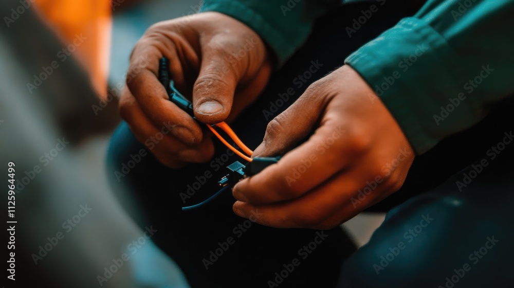 Poster close-up of an electrician connecting wires to a modern electrical socket in a construction environm