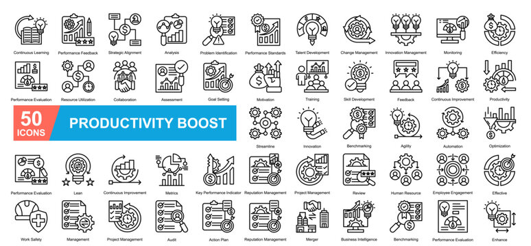 Productivity Boost Icon Sheet Continuous Learning, Performance Feedback, Strategic Alignment, Analysis, Problem Identification, Performance Standards, Talent Development, Change Management, Innovation