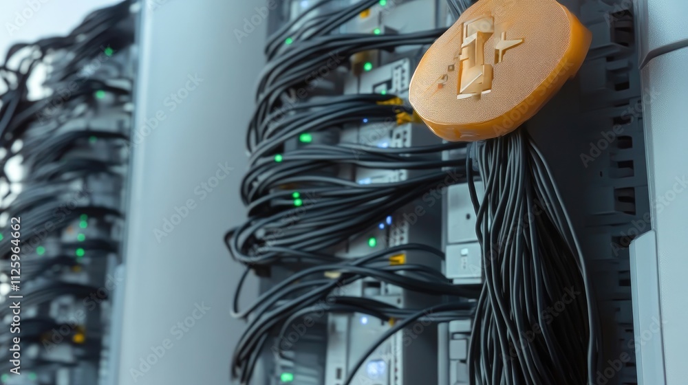 Poster Close-up of network cables and server connections in a tech data center, symbolizing a robust informatique network.