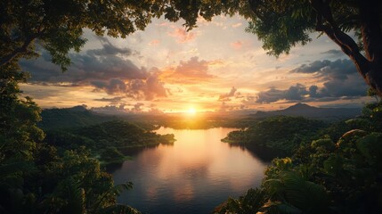 Fototapeta premium Captivating sunset reflected in a serene lake nature photography lush landscape tranquil viewpoint vibrant colors and peaceful atmosphere