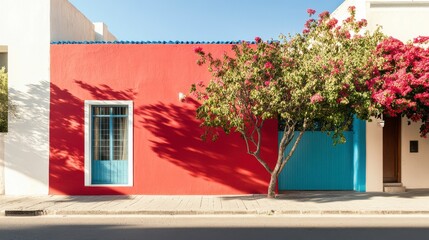 Vibrant Red and Blue Urban Wall with Flowers