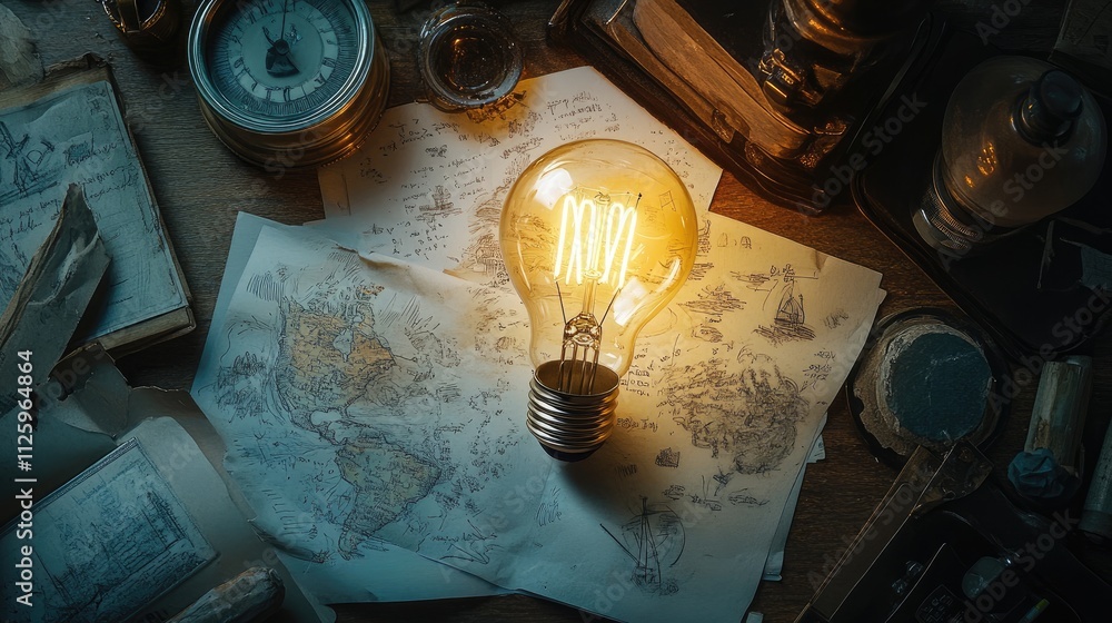 Poster Conceptual flat lay of a light bulb and sketches, representing the illumination of complex ideas and creative insights.