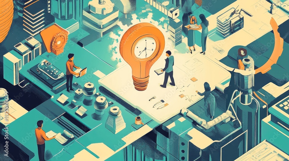 Aufkleber creative business illustration with people brainstorming and using modern tools for innovation.