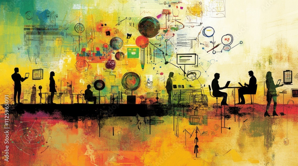 Poster creative business illustration with people brainstorming and using modern tools for innovation.