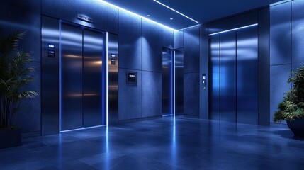 Modern elevator lobby with blue neon lighting.