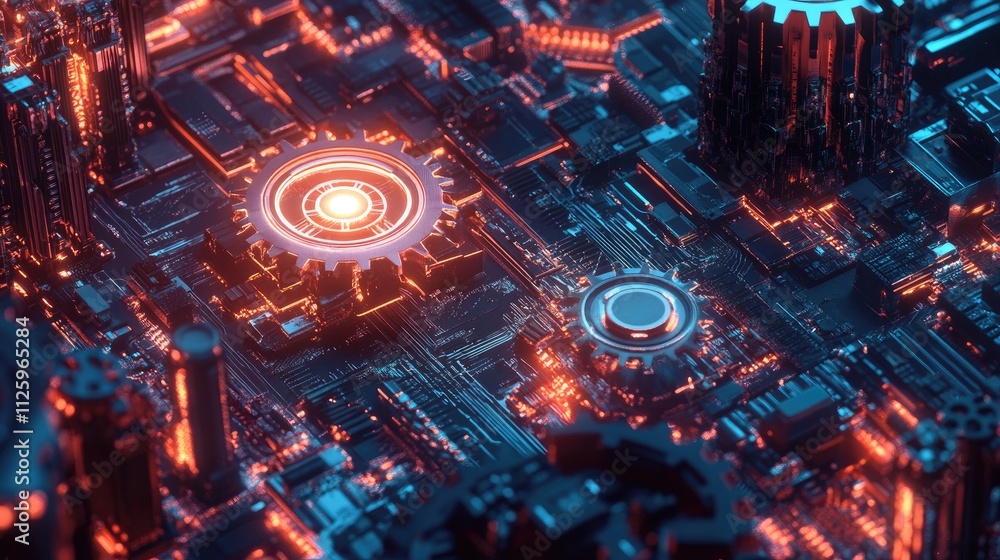 Poster digital illustration of gears, hexagons, and circuit boards, symbolizing high-tech engineering and m