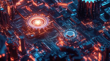 Digital illustration of gears, hexagons, and circuit boards, symbolizing high-tech engineering and modern telecom technology.