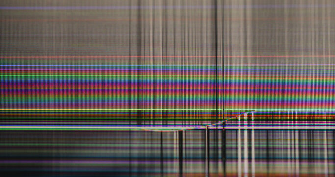 Digital texture. Bad transition. Disturbance glitch signal due to screen physical damage. TV display defocused texture overlay with poor image quality.