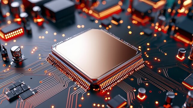 A close-up view of a microprocessor on a circuit board, showcasing intricate details and glowing components.