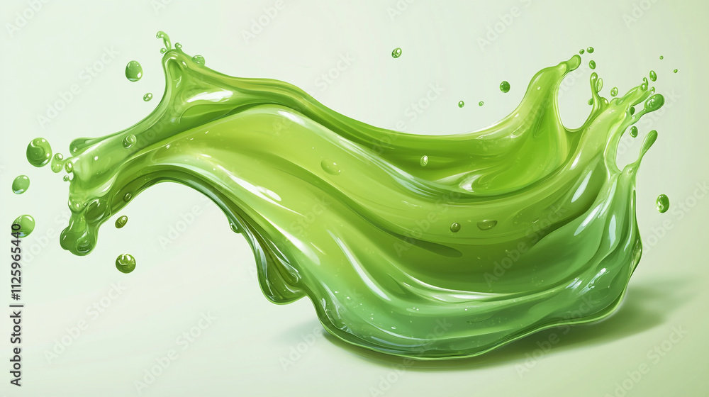 Poster green fluid splashing elegantly with droplets in a smooth motion against a light background
