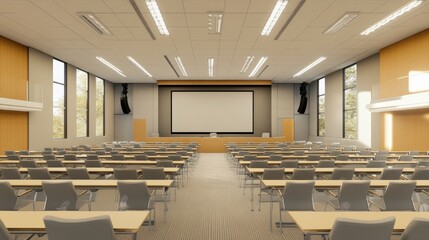 Empty auditorium with modern design, large screen at the front, and ample seating for an event.