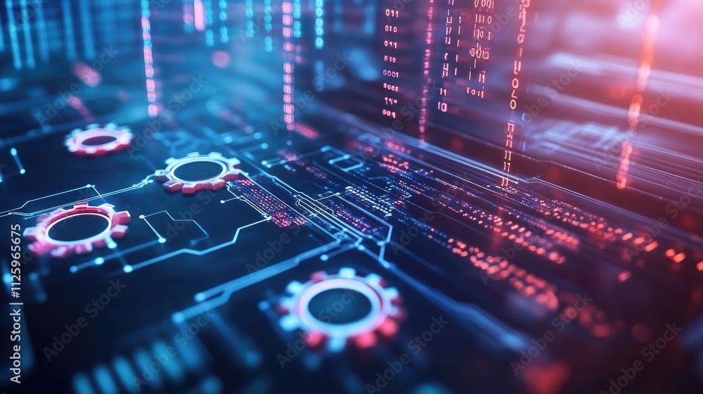Poster futuristic digital elements like gears, hexagons, and circuit boards, representing the evolution of 
