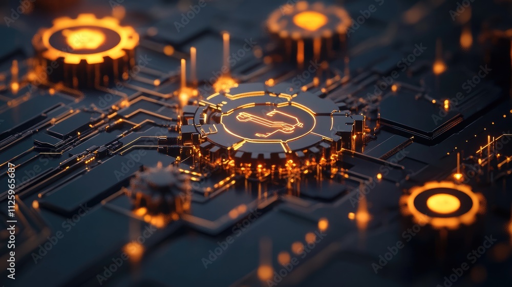 Poster futuristic digital elements like gears, hexagons, and circuit boards, representing the evolution of 