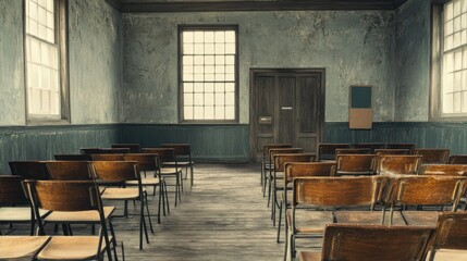Empty classroom with vintage wooden chairs, awaiting the return of students for a new school year, nostalgic back-to-school atmosphere.