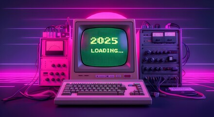 Retro computer with neon lights, loading screen for New Year 2025, vintage electronics setting