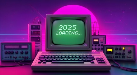 Vintage computer with 80s aesthetic, loading screen for the future, nostalgic electronics setting, new  year welcoming 