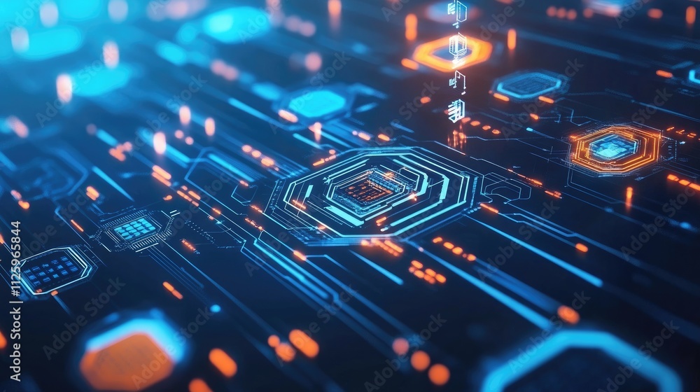 Poster futuristic digital elements like gears, hexagons, and circuit boards, representing the evolution of 