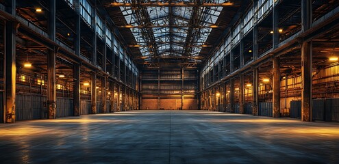 Obraz premium Empty industrial warehouse interior with concrete floor and metal structure.