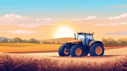 Fototapeta premium Tractor working in golden fields at sunset in a serene rural landscape