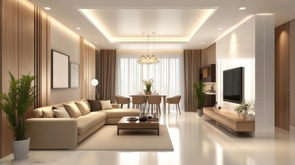 Modern Living Room Interior Design with Beige Sofa and Wooden Accents