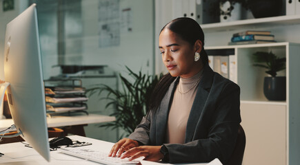 Night, typing and woman in office, project and copywriting for ad campaign, info and computer....