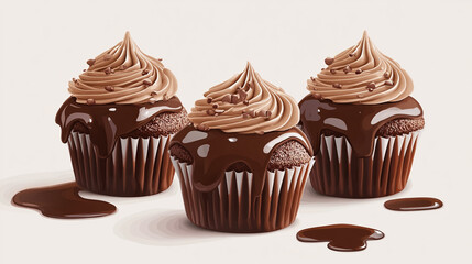 Delightful chocolate cupcakes with creamy frosting and drizzled sauce on the table