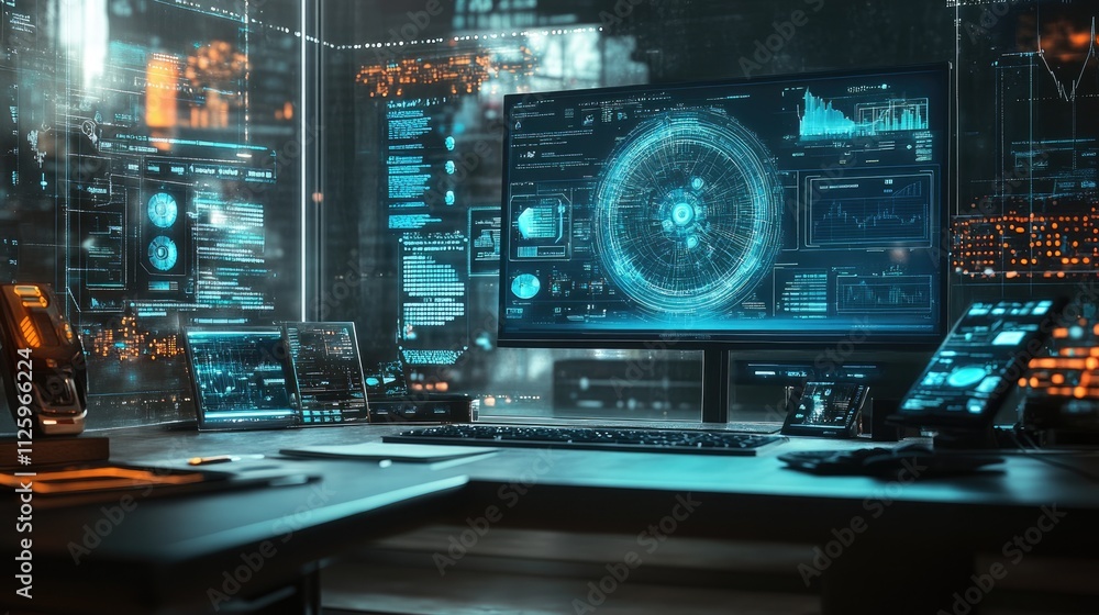 Poster high-tech gadgets and devices on a modern desk, with a focus on cutting-edge technology.