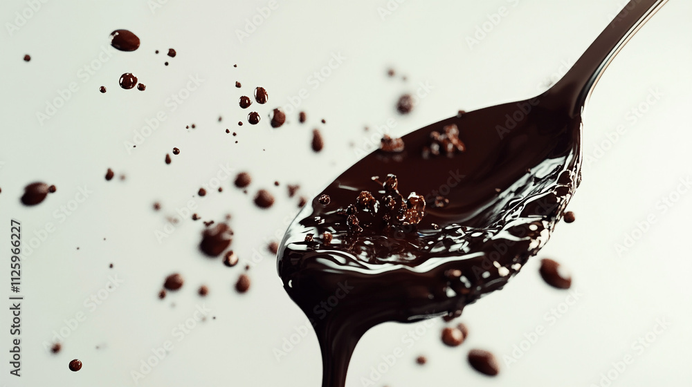 Poster dark chocolate splashes create an artistic display on a spoon against a neutral background