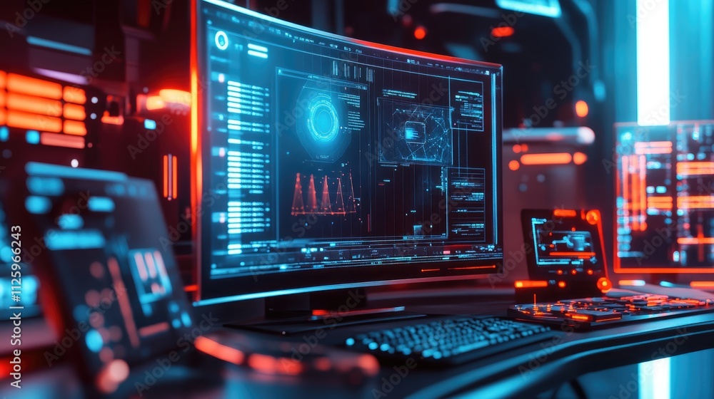Poster high-tech gadgets and devices on a modern desk, with a focus on cutting-edge technology.