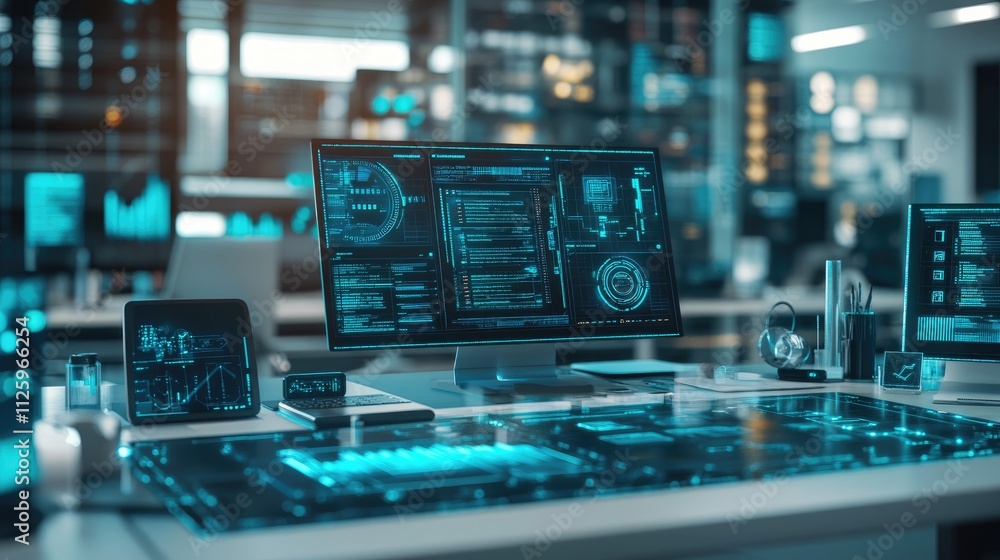 Poster high-tech gadgets and devices on a modern desk, with a focus on cutting-edge technology.