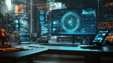 Fototapeta premium High-tech gadgets and devices on a modern desk, with a focus on cutting-edge technology.