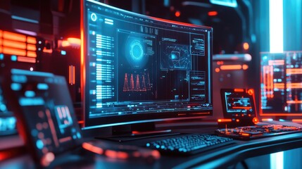 Obraz premium High-tech gadgets and devices on a modern desk, with a focus on cutting-edge technology.