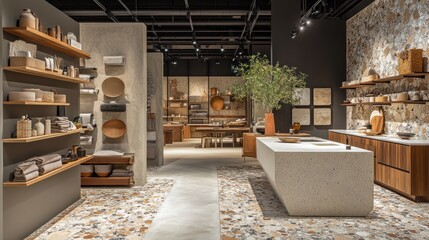 Modern kitchen and home goods store interior.
