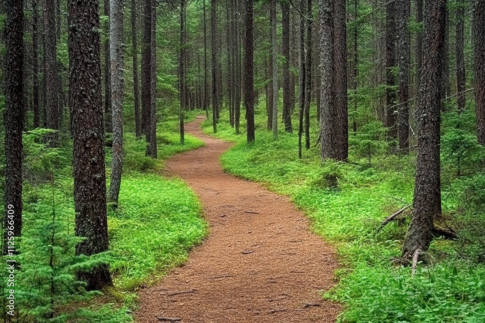 Poster A winding pathway meanders through a dense forest, surrounded by tall trees and vibrant greenery, creating a peaceful atmosphere for nature lovers. Generative AI
