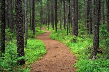 Fototapeta premium A winding pathway meanders through a dense forest, surrounded by tall trees and vibrant greenery, creating a peaceful atmosphere for nature lovers. Generative AI