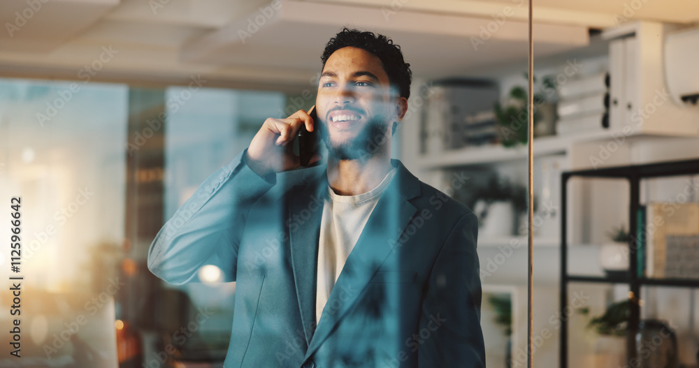 Aufkleber phone call, smile and businessman in office, glass and conversation with contact for update and proj
