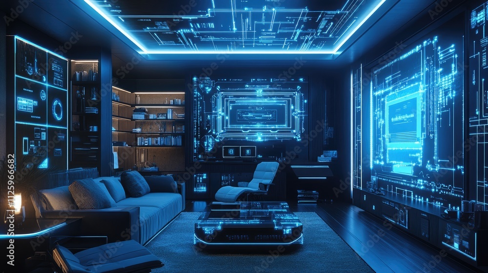Poster interior of a smart home with blue digital holograms and circuits, creating a futuristic design with