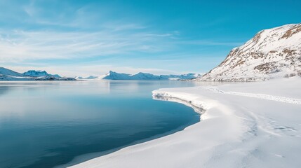 Obraz premium A serene winter landscape featuring a calm, icy shoreline and snow-covered mountains under a clear blue sky.