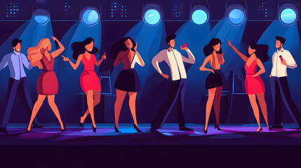 A group of joyful friends dancing in a nightclub.