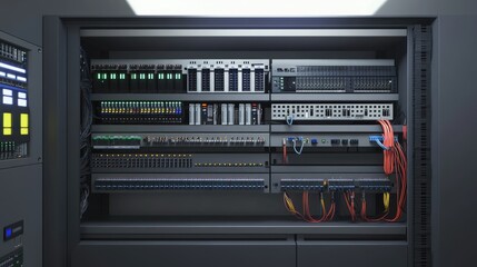 Modern digital network infrastructure with cables, switches, and data servers in an IT room.
