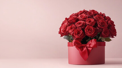 Elegant red roses bouquet in gift box with satin ribbon, perfect floral present